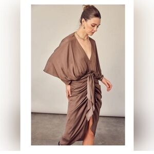Faeriesty Satin Brown V-Neck Front Drape Dress